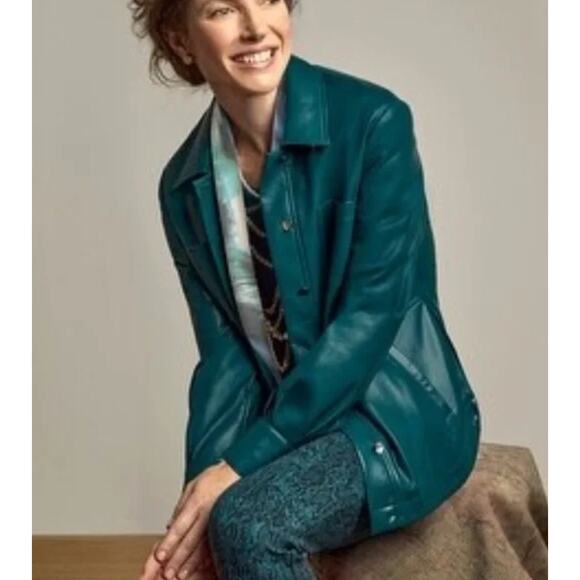 CHICO'S Faux Leather Jasper Green Women's Shacket Outerwear Jacket sz. 2 or L - Picture 1 of 10